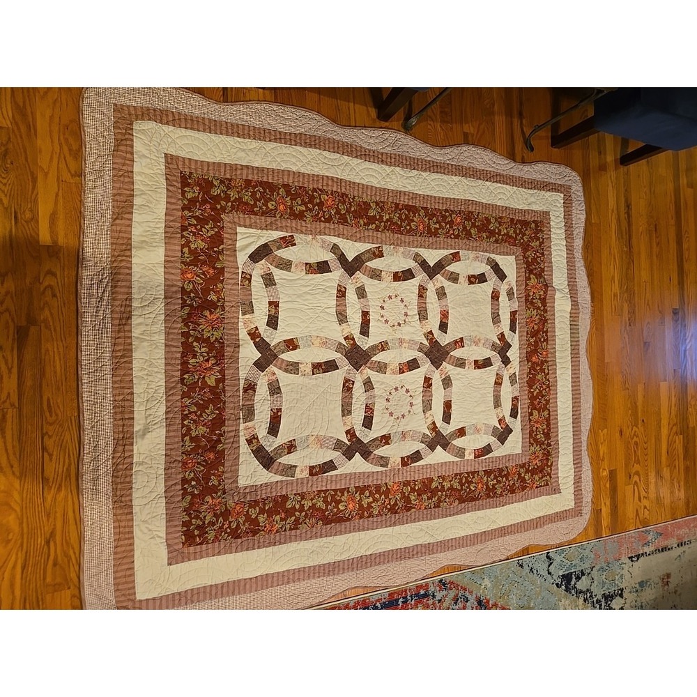 Vintage Double Wedding Ring Quilt Burgundy Red Floral 83 X 68 Handmade Embroider - Picture 1 of 12